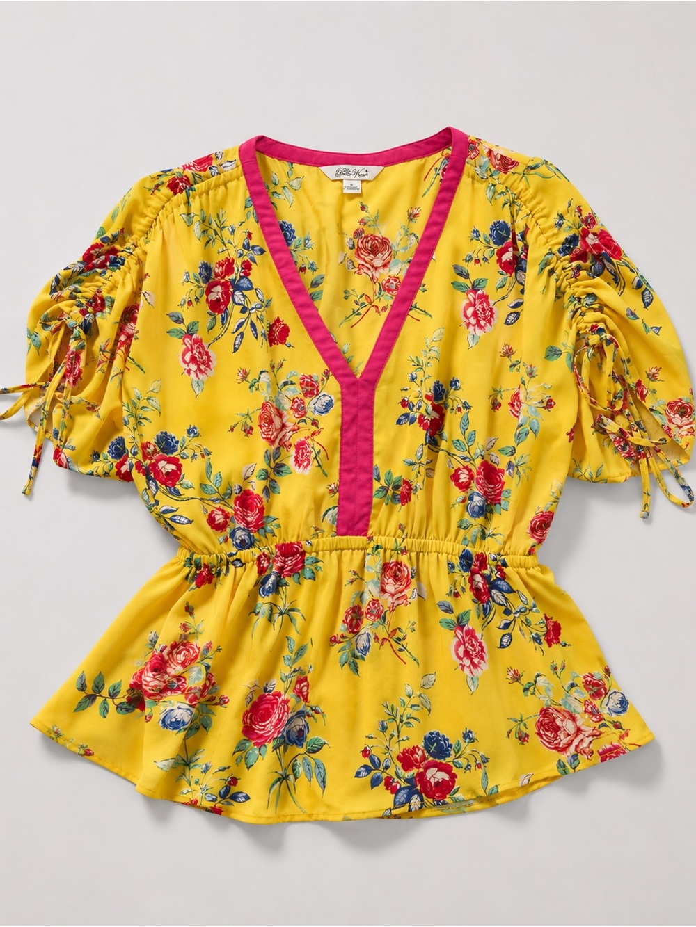 Pioneer Woman Yellow Floral Tunic Blouse Ruched Sleeve Dolman Top Size Large